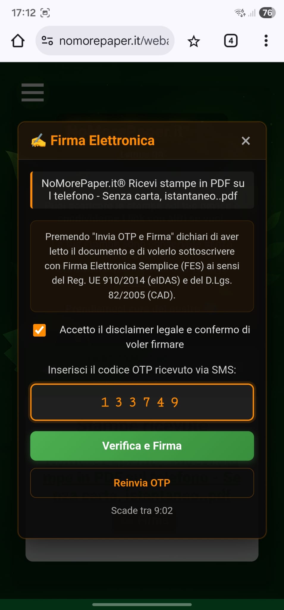 Inserimento OTP per firma elettronica