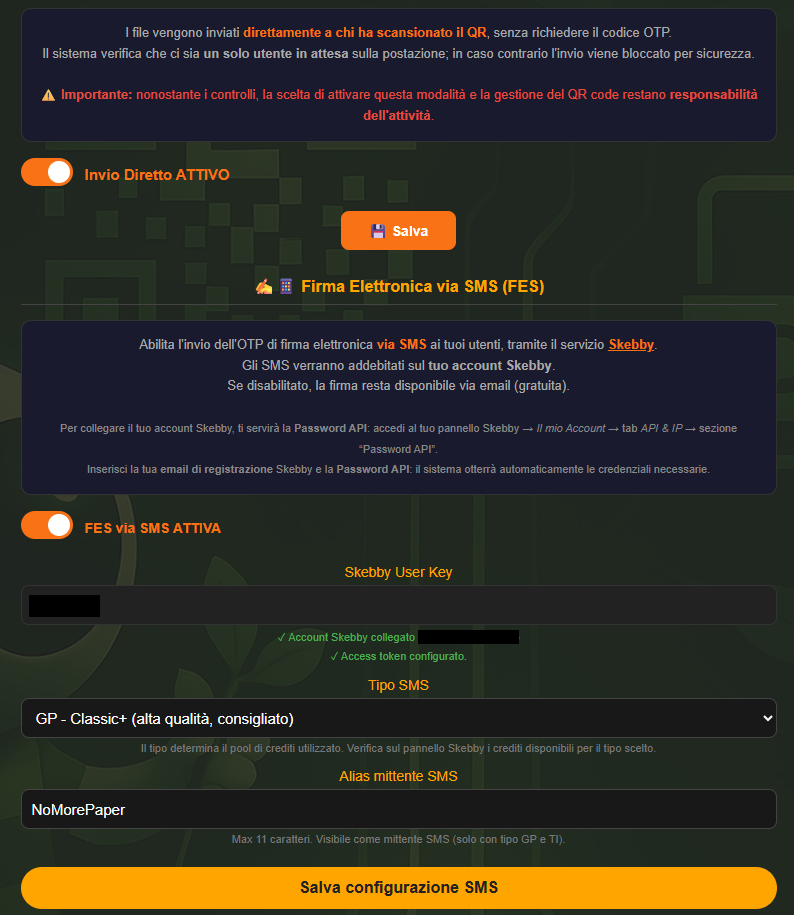 Area cliente: FES, FEA, SMS, Invio Diretto